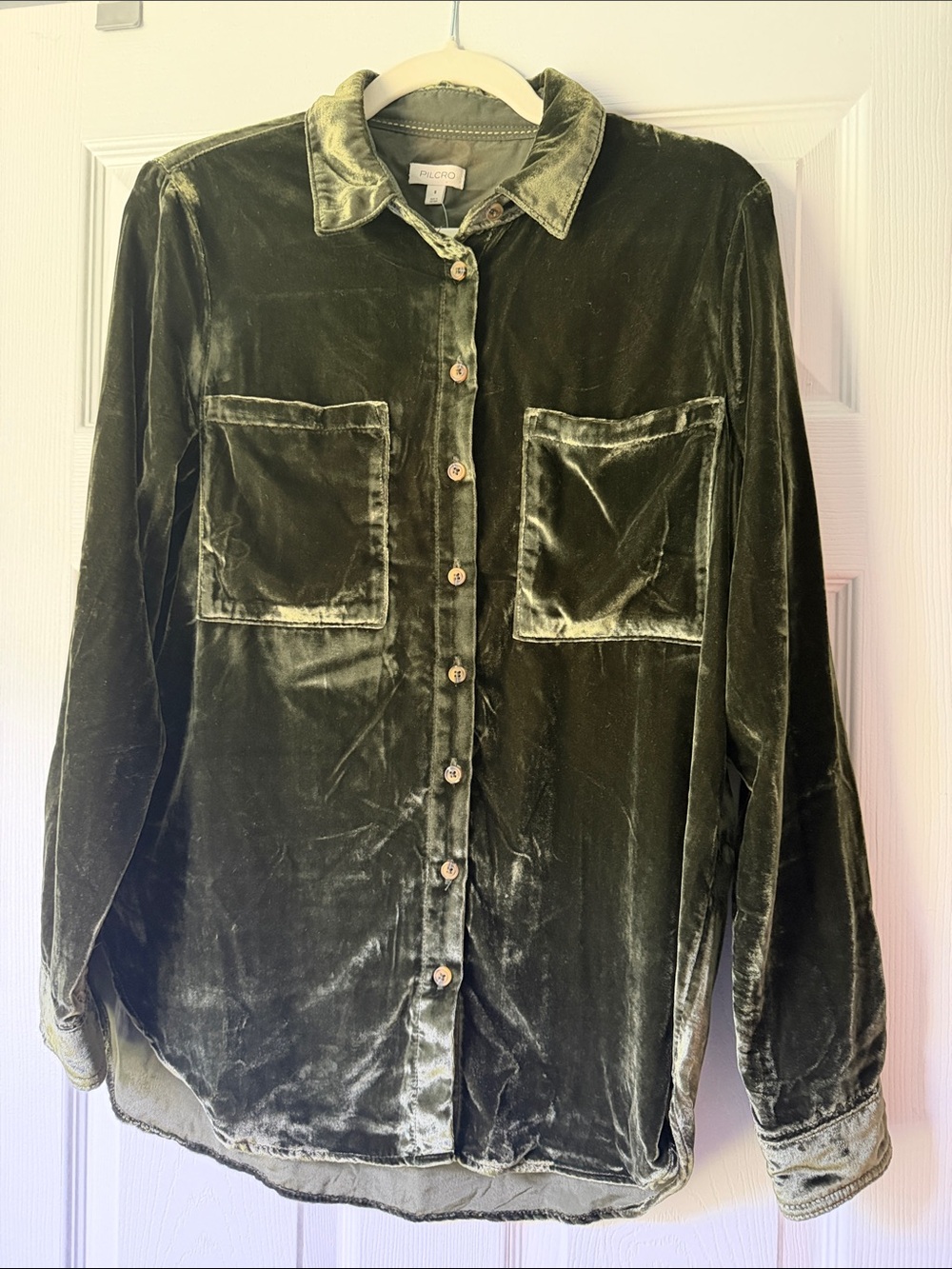 Pilcro Hadley Olive Relaxed Velvet Button-Down Shirt